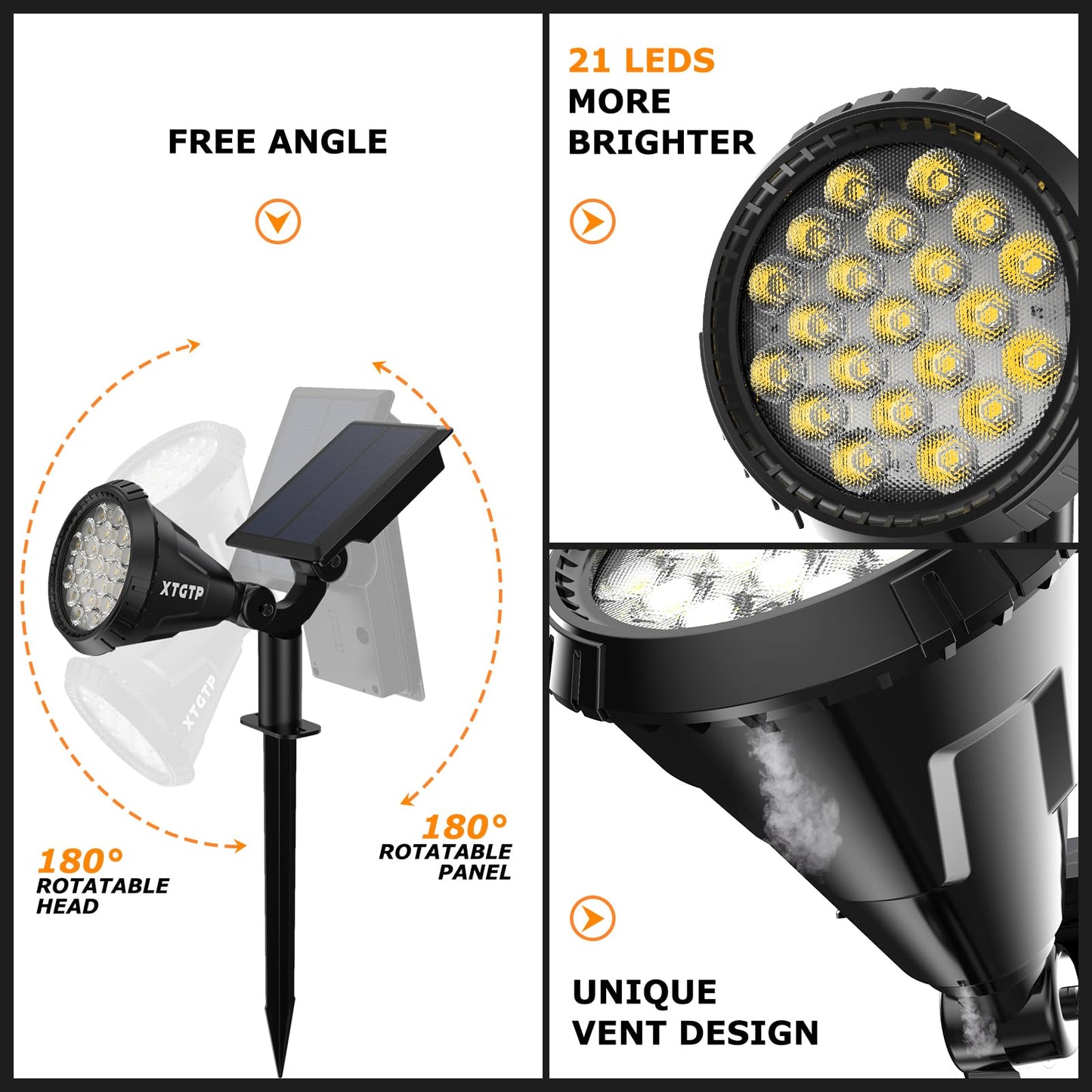 XTGTP Solar Spot Lights - 21 LED Brightness, IP67 Waterproof, 2-in-1 Adjustable Solar Power Outdoor Lights for Fence, Warm White (6 Pack)