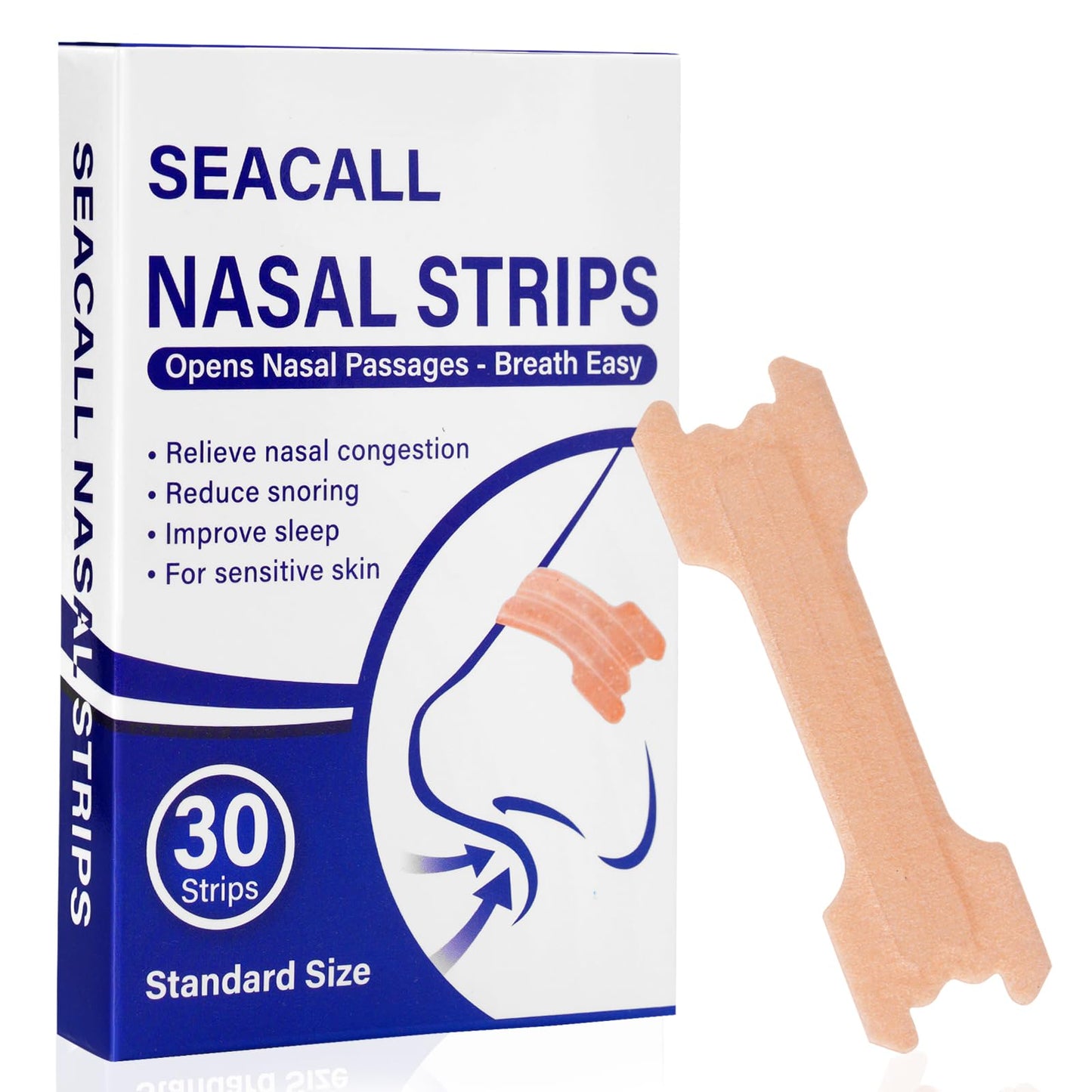 SEACALL 30Ct Nasal Strips for Breathing - Sleep Nose Strips for Snoring, Instant Reduces Nasal Congestion for Better Sleep, Drug Free, Anti Snoring Nose Tape for Men & Women