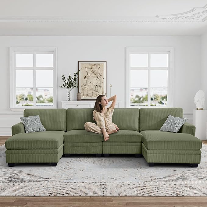 Legend Vansen Oversized Modular Sectional Sofa,6 Seat U Shaped Couch with Ottoman,Corduroy Sofa with Deep Seat,Convertible Large Sectional Couches for Living Room(Olive, U-6)