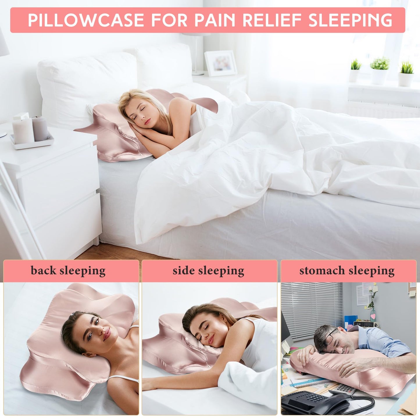 Hahafelt Cervical Neck Pillowcase (Only Pillowcase) Satin Pillow Cover with Zipper Ergonomic Contour Pillow Cover for Side Back Stomach Sleepers(Coral,Queen Size)