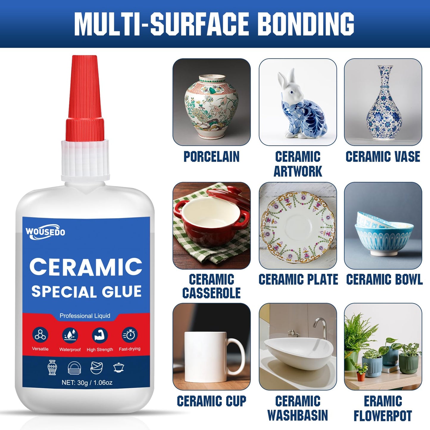 30g Ceramic Super Glue, Instant Bond High Strength Waterproof Adhesive for Porcelain,Clay Pots,Figurine, Pottery, Dishes Repair, DIY Crafts.