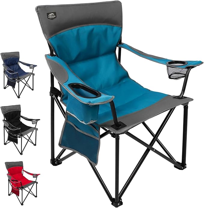 LANMOUNTAIN Oversized Folding Camping Chair,Heavy Duty Padded Portable Lawn Chair w/Extra Large Cup Holder,Side Pocket for Adults Outdoor Sports Hiking Beach Garden Picnic,Blue
