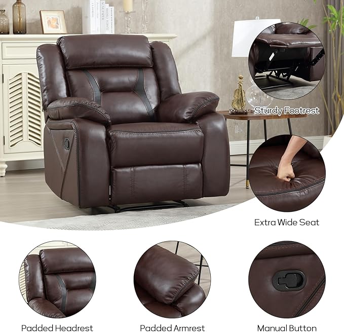 EBELLO Faux Leather Manual Recliner Chair, Modern Design Single Reclining Sofa Chair with Comfortable Armrest and Backrest, Furniture for Living Room, Bedroom, Dark Brown