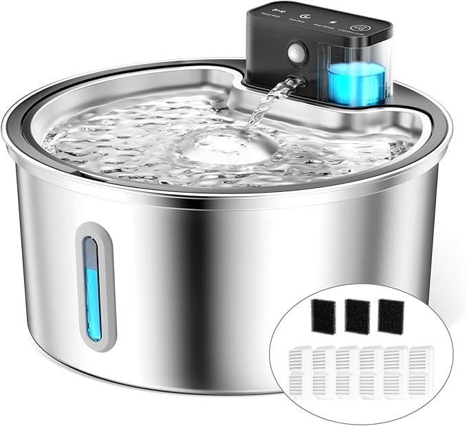 PawPoll Wireless Cat Water Fountain Stainless Steel - 3.2L/108oz Cordless Pet Water Fountain Battery Operated Cats Water D...