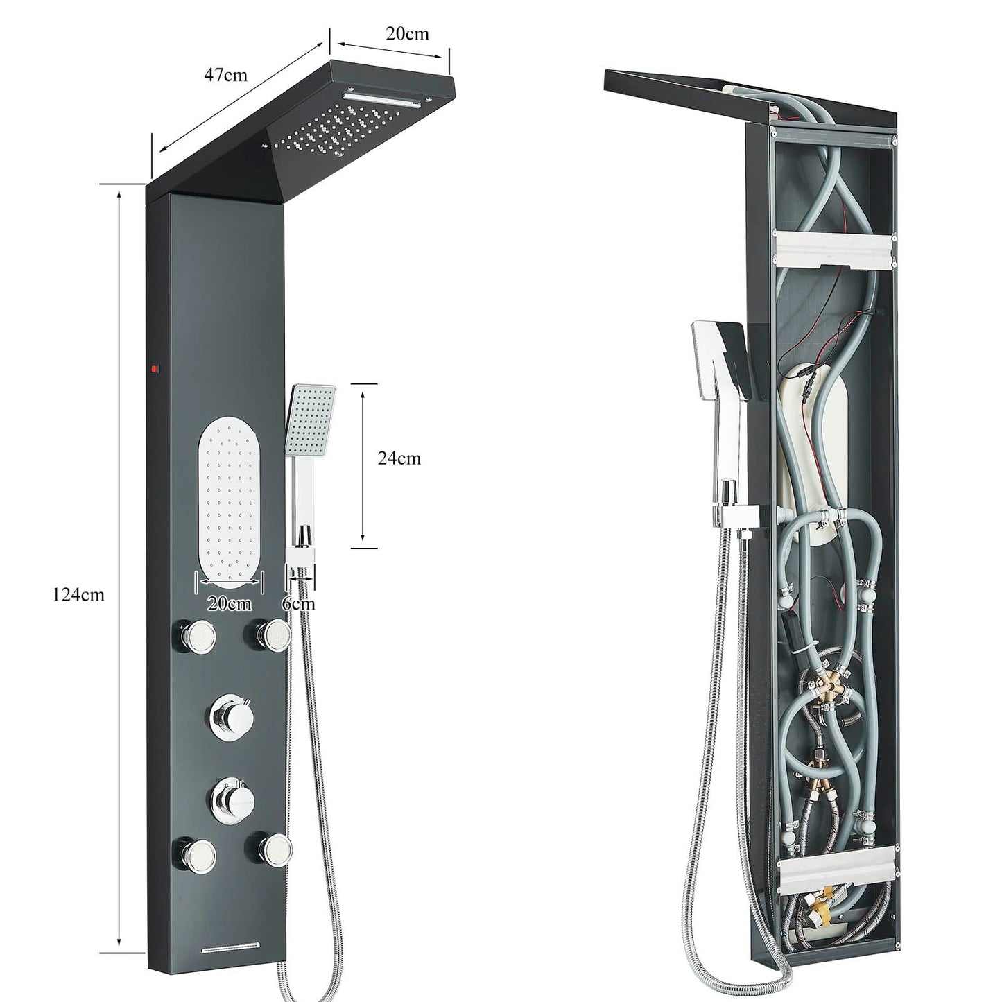 Luxury Shower Tower System with LED Shower Head, 5-Function Shower Column with Rainfall Waterfall Shower Head, 4 Body Jets, Handheld and Tub Spout,Body Waterfall Shower Panel Tower System Black-8125