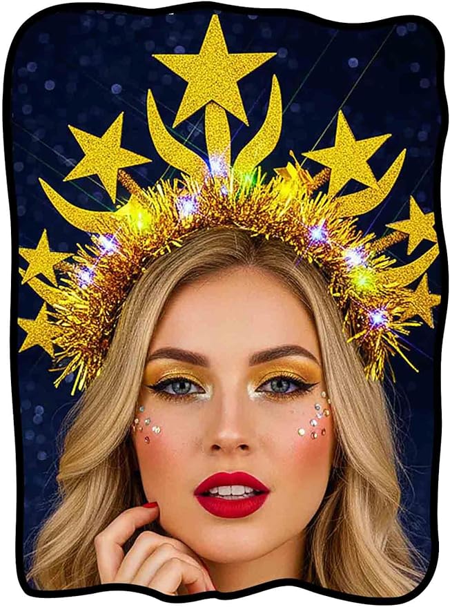 Yokawe Light Up Star Headband,Gold Tinsel Costume Hair Accessory for Rave Party