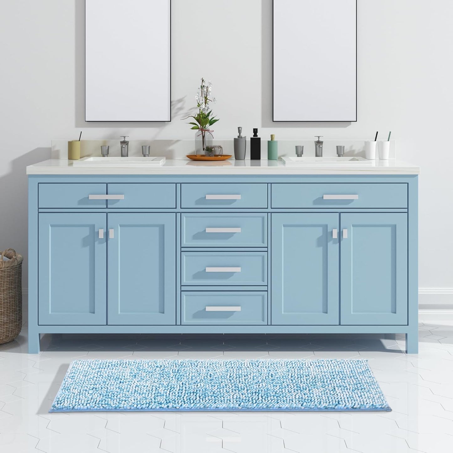 Yimobra Luxury Bathroom Rugs, 47x24, Extra Soft Chenille Mats for Bathroom Non Slip, Fluffy Long Matts for Tub, Plush Shaggy Carpet Runner, Water Absorbent, Machine Washable, Blue & Light Blue
