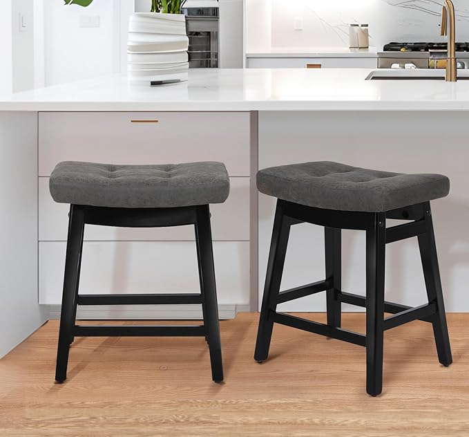 RNKSFX Counter Height Bar Stools Set of 2 for Kitchen Counter Farmhouse Modern Barstools with Faux Leather Upholstered Backless Seat and Solid Wood Legs 24 inch Bar Chairs, Grey + Black