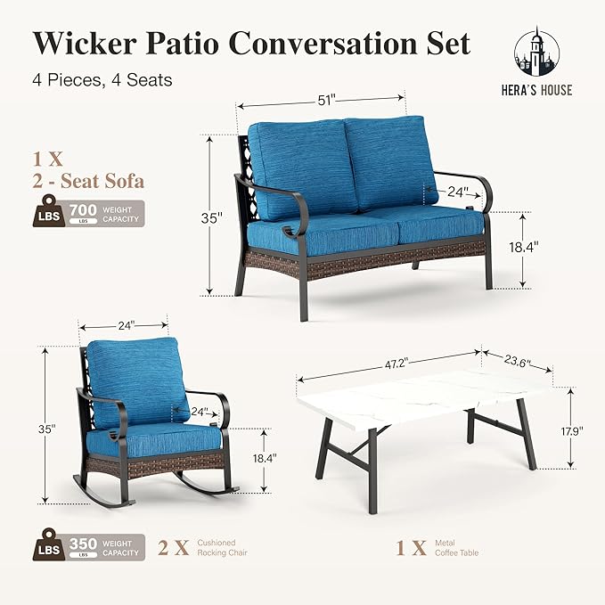 HERA'S HOUSE 4 Piece Metal Patio Furniture Set, 2 x Rocking Cushioned Chair, 2-Seat Lover Sofa with Coffee Table, All Weather Outdoor Conversation Set for Lawn Garden Backyard Deck, Pacific Blue