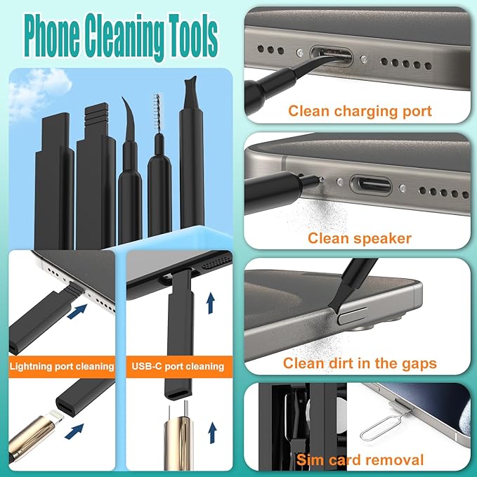 VICHYIE Keyboard Cleaning Kit with Brush, Computer Laptop Cleaner Kit, Phone Cleaning Tool, Multi-Function Cleaner Kit for Earbuds, Cellphones, PC, Screens, Camera Lens, Electronics Devices (Black)