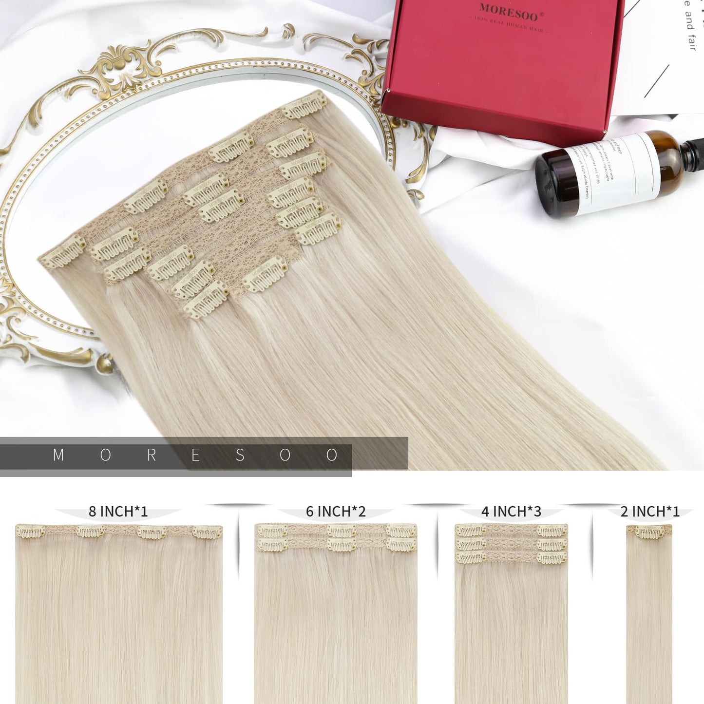 Moresoo Blonde Hair Extensions Clip in Long Platinum Blonde Clip in Hair Extensions Human Hair Remy Double Weft 120g/7pcs 22 inc