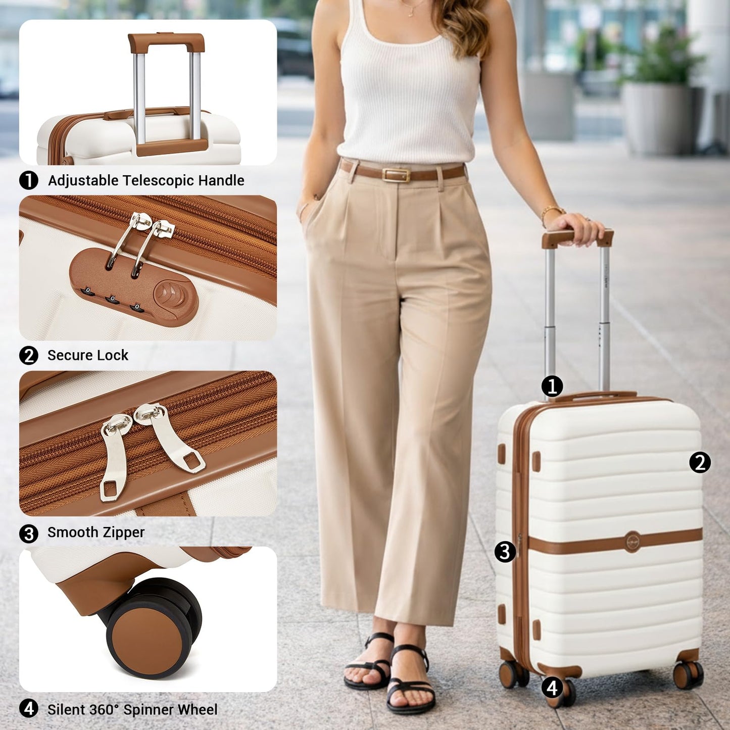 Kono Expandable 28 Inch Luggage with Spinner Wheels, Large Checked Luggage with Lock, Lightweight & Anti-Scratch PC+ABS Hardshell Travel Suitcase, White/Brown