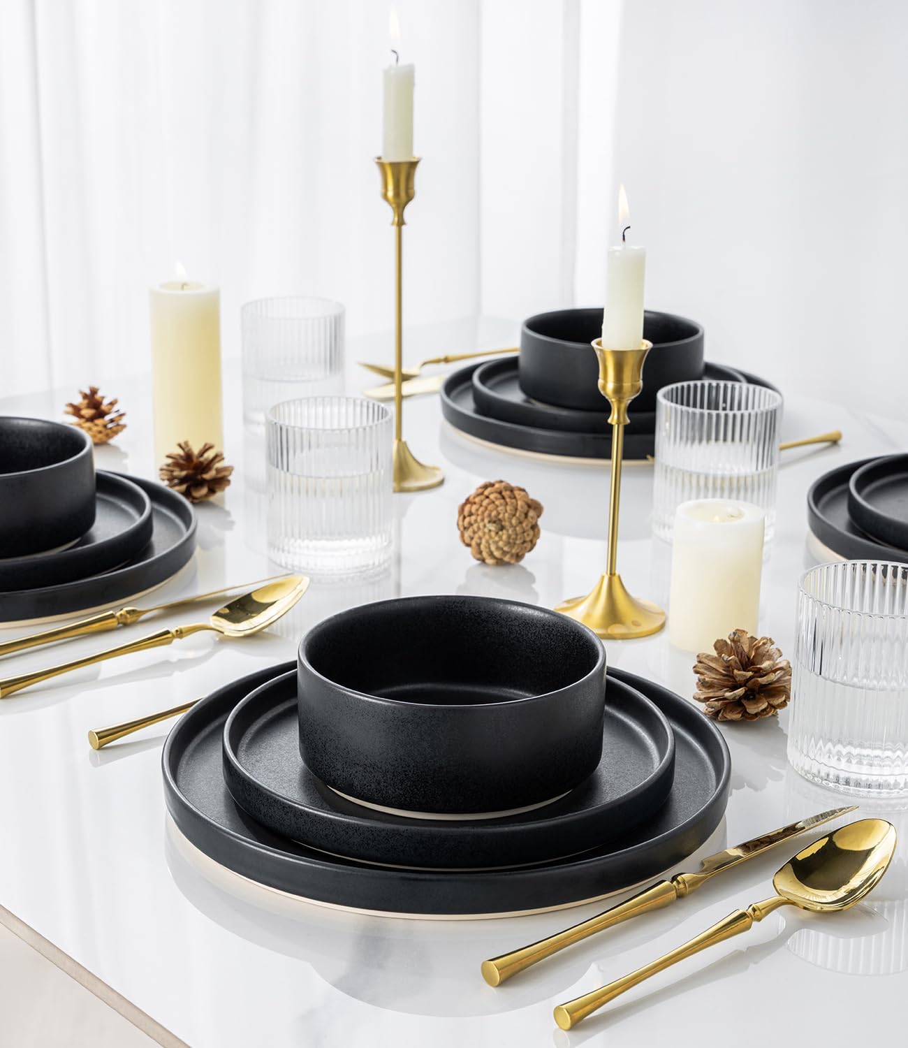 TheTerra Ceramic Dinnerware Sets for 6, 18 Pieces Handmade Reactive Glaze Plates and Bowls Set, Scratch Resistant Dish Set, Oven & Microwave & Dishwasher Safe, Matte Black