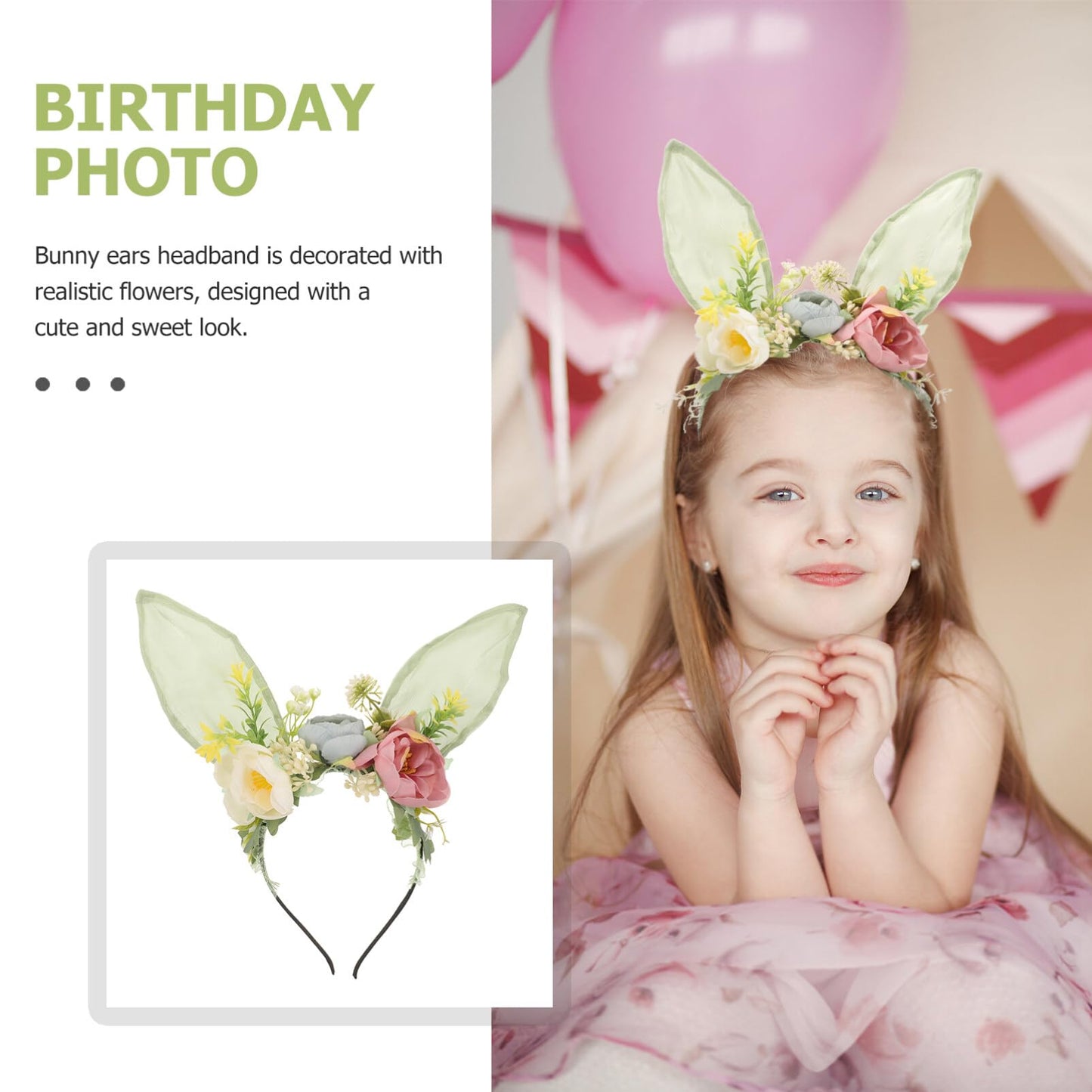 LIFKOME Bunny Ears Headband with Floral Decoration Cute Rabbit Ears Hair Accessory for Parties and Outdoor Photography Lightweig