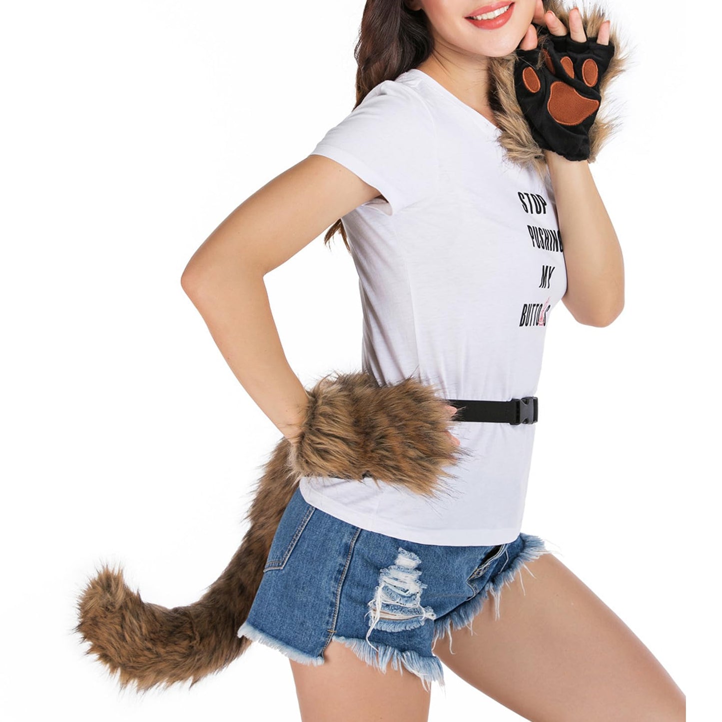 Adolala Faux Fur Fox Tail Cat Wolf Cosplay Costume Set Plush Mask Fluffy Paw Gloves Halloween Christmas Party for Girls Women