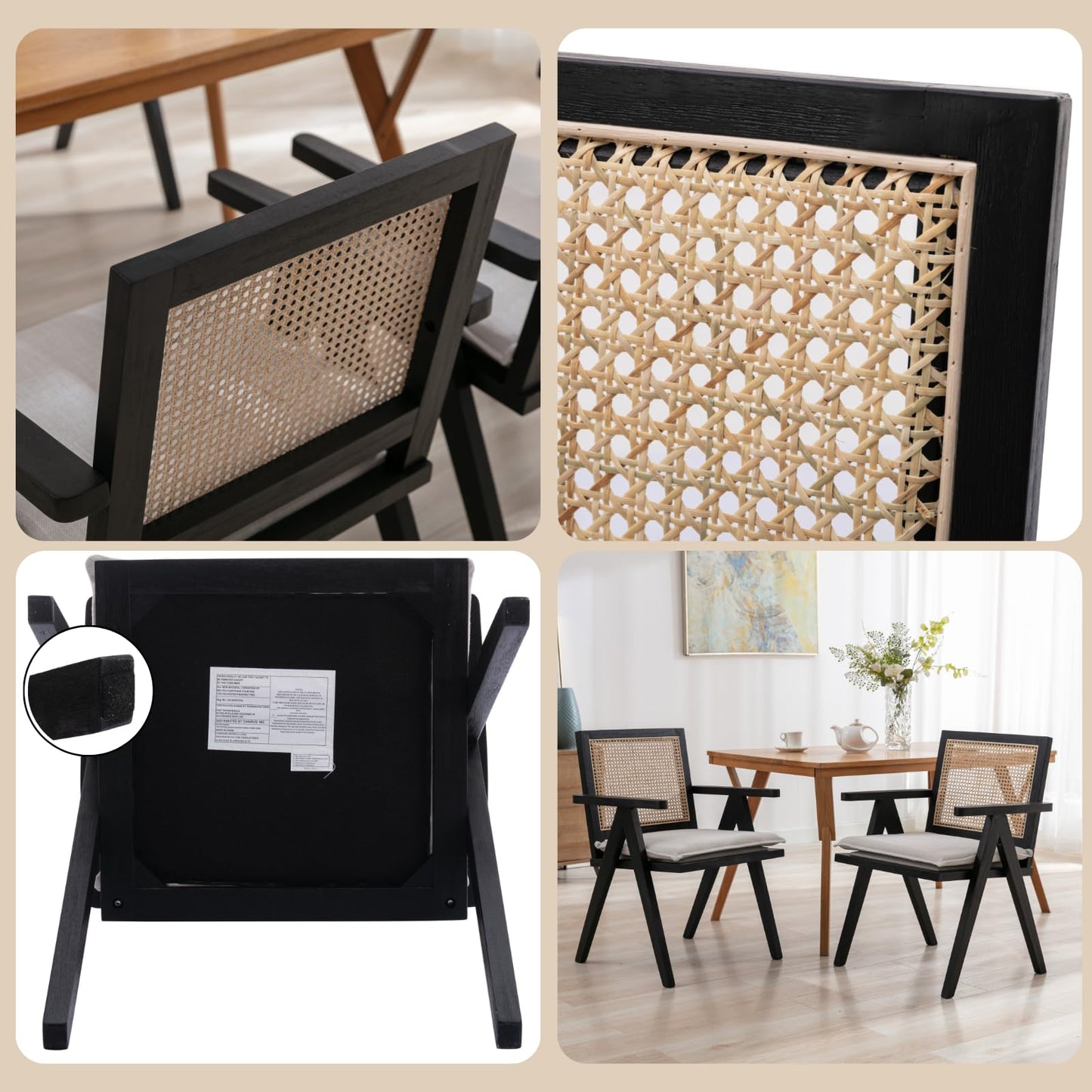 ChicAura Farmhouse Rattan Dining Chairs Set of 4, Modern Upholstered Dining Chairs Cane Back Country Kitchen Chairs with Arms Comfy French Country Linen Side Chairs for Kitchen Dining Room, Black Wood
