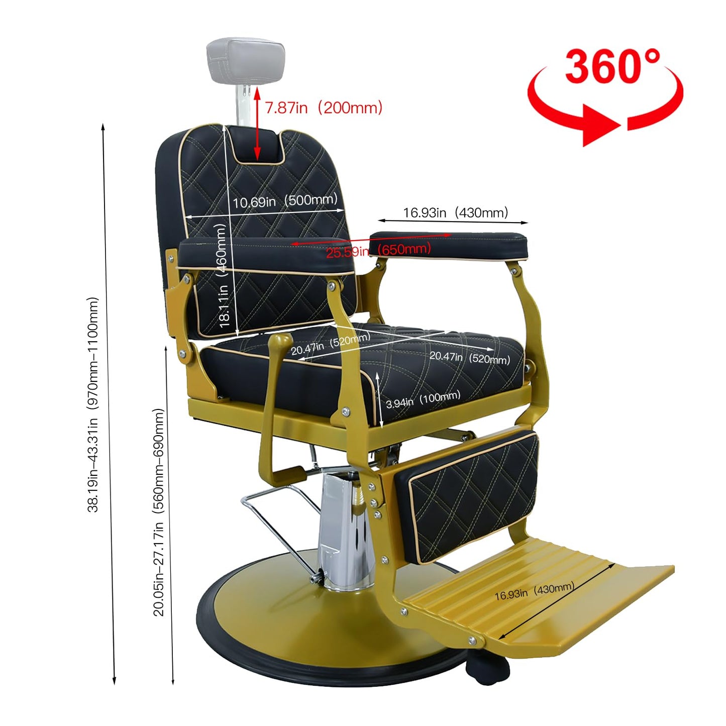 Lilfurni Heavy Duty Vintage Barber Chair，Hydraulic Salon Chair with Headrest for Hairdressers Heavy Tattoo Shampoo Beauty Salon Equipment(Golden)