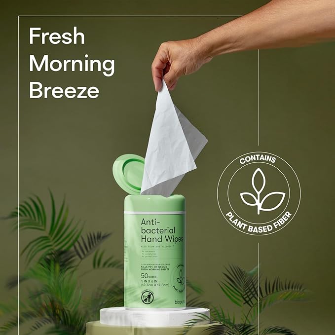 Biopure Antibacterial Hand Wipes Fresh Morning Breeze- Antibacterial Wipes with Aloe and Vitamin E Formula | 5"x7" Wet Wipes Canister | No Parabens, Sulfates or Phthalates, Kills 99% of Germs, 150 ct