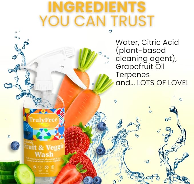 Truly Free Fruit and Vegetable Wash - Veggie Wash Removes 99% of Dirt & Wax | Plant-Based Produce Cleaner Spray | No Aftertaste, Refillable, Made in USA | Fragrance-Free, 16oz