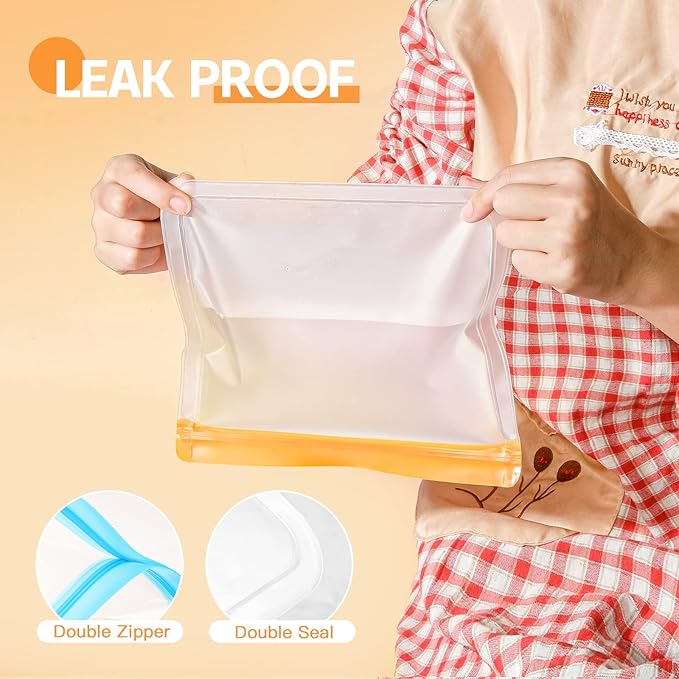 10 Pack Dishwasher Safe Reusable Bags, Silicone, Leakproof, BPA Free, Reusable Food Storage Bags for Lunch, Marinate, Freeze, Travel (Clear) - 3 Gallon, 3 Snack, 4 Sandwich
