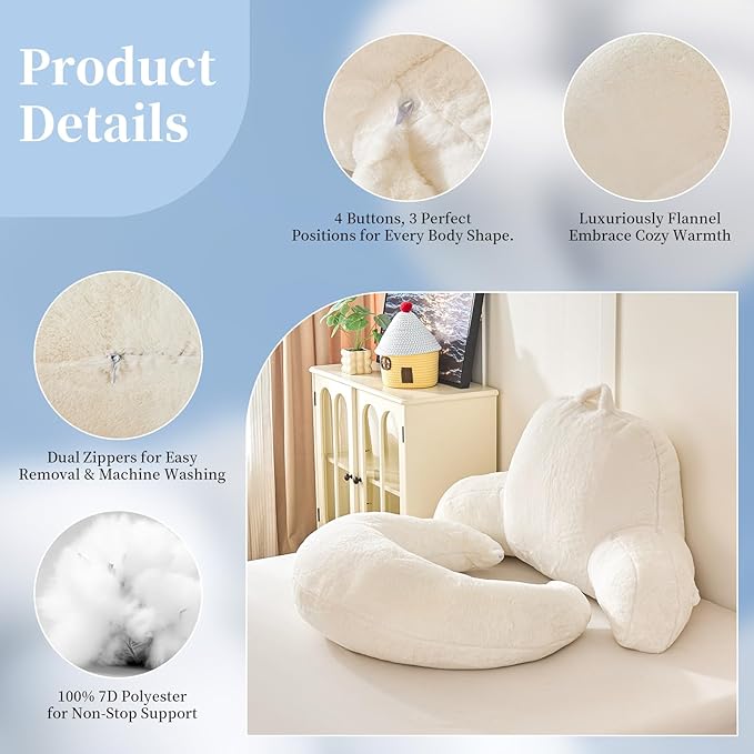 PAJEO Reading Pillow for Bed,U Shaped & Back Support Pillow for Bed,17" Backrest with Lumbar & Arm Support,Luxurious Faux Rabbit Fur,Gaming PillowFor Crochet/Reading/Watching TV,White