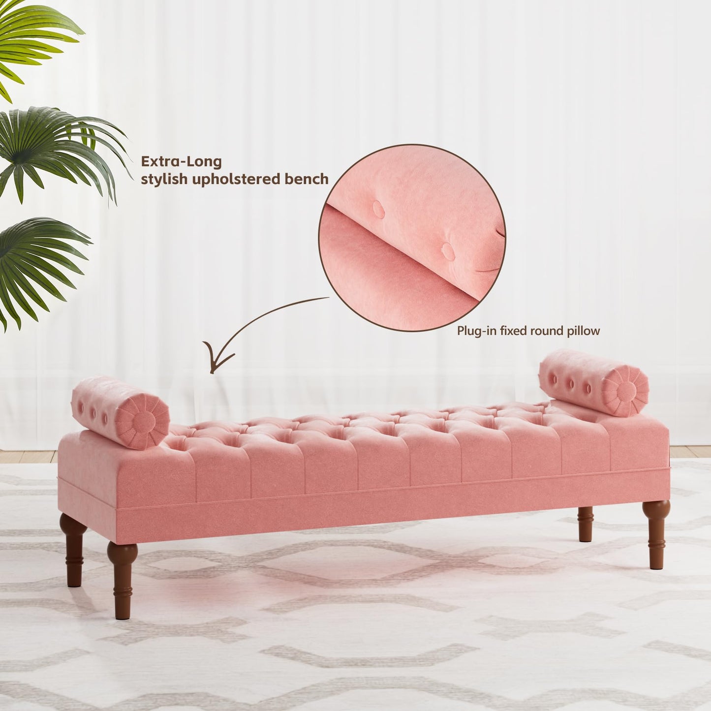 Batohom 60.2" End of Bed Bench,Large Size Bedroom Bench,Upholstered Window Bench with Button-Tufted,Entryway Bench,Storage Bench for Living Room(Pink)