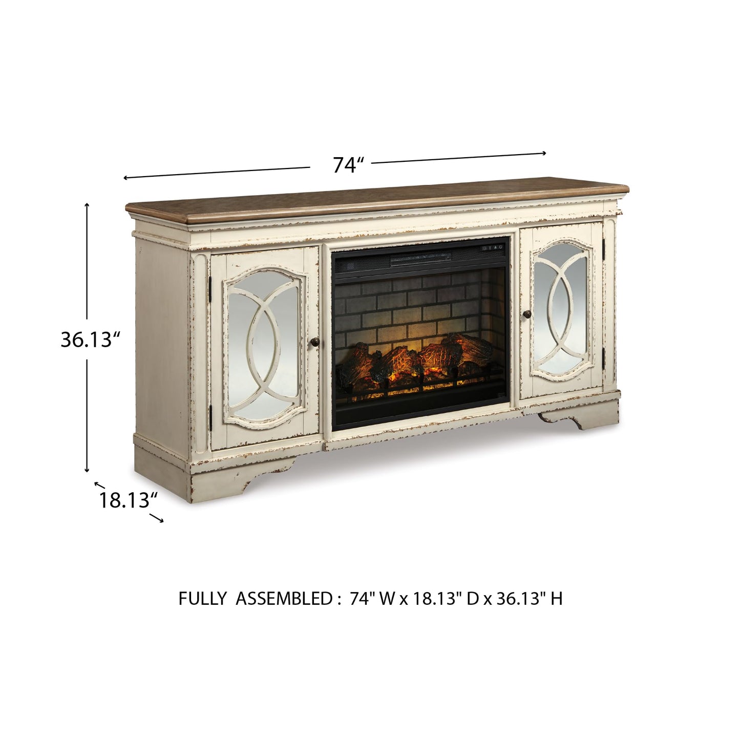 Signature Design by Ashley Realyn Vintage Casual TV Stand with Electric Fireplace, Heats Larger Rooms, Bronze Hardware, Wood, 74' Wide, White & Brown