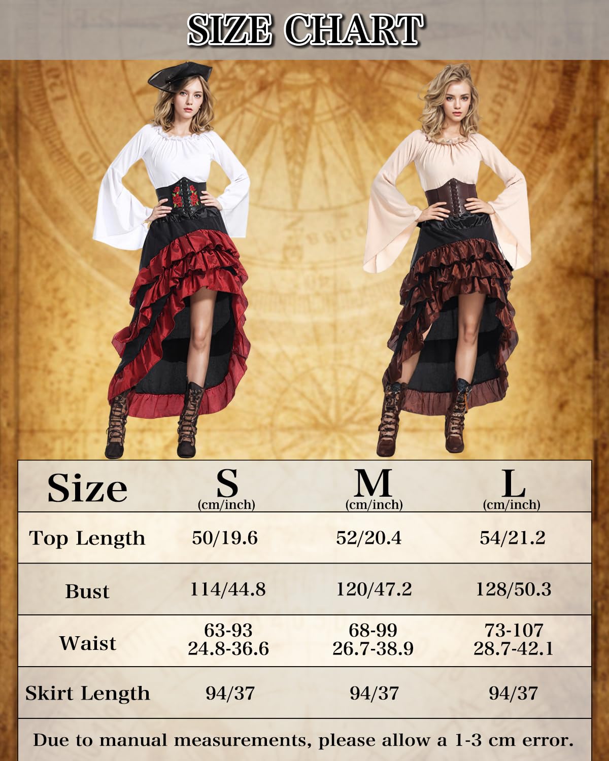 Verceco Pirate Costume Women Outfit with Renaissance Pirate Shirt Skirt Corset Waist Belt Womens Halloween Pirate Costumes (Beige+Brown, M)