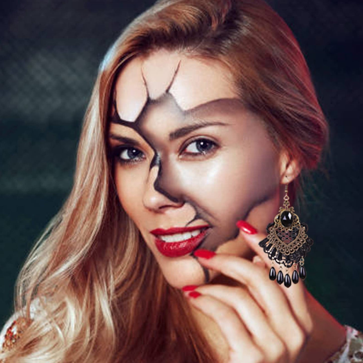 Halloween Black Choker Earrings Bracelet Set Witch Costume Women Gothic Accessories Vintage Goth Jewelry Set Black Ring Gloves Vampire Choker Necklace Halloween Costume