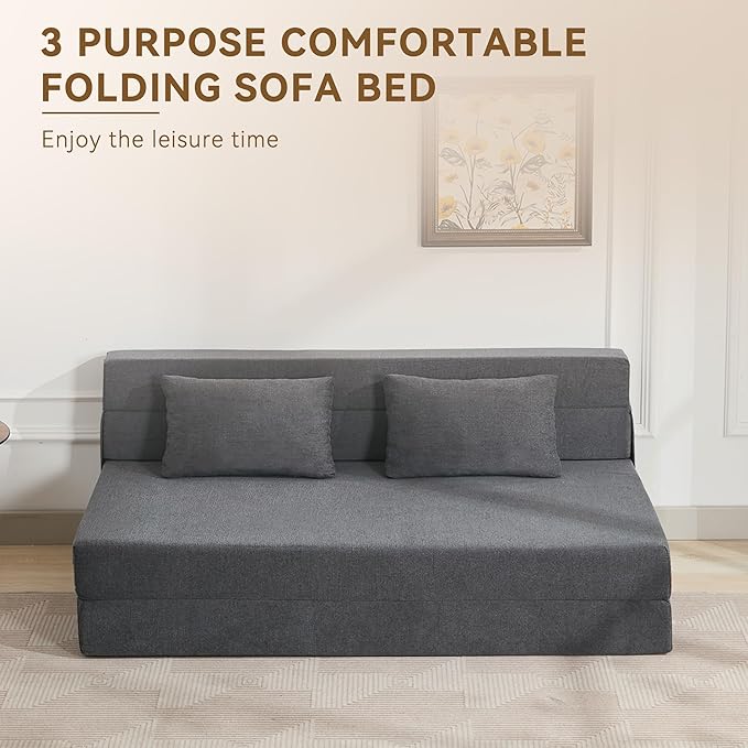 WUTUTUEE Folding Sofa Bed Convertible Floor Couch Foldable Chair Bed with Pillow，Linen Sleeper Chair Futon,Foldable Memory Foam Mattress for Bedroom/Living Room/Dorm/Office (Dark Grey, Queen)