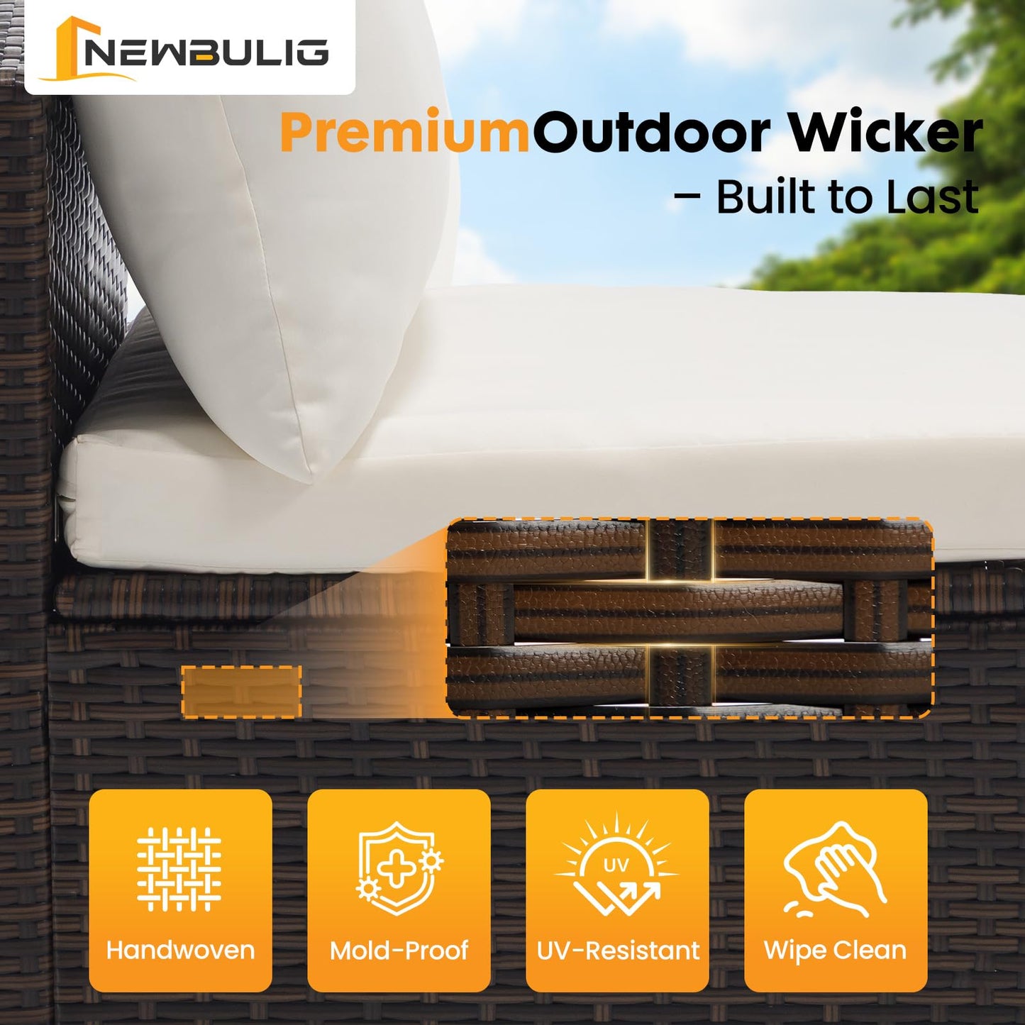 NEWBULIG 7-Piece Outdoor Patio Sectional Sofa, Weather-Resistant Modular Wicker Rattan Furniture Set with 2.8" Cushions, Tempered Glass Table & Adjustable Feet for Deck, Backyard, Poolside (Brown)
