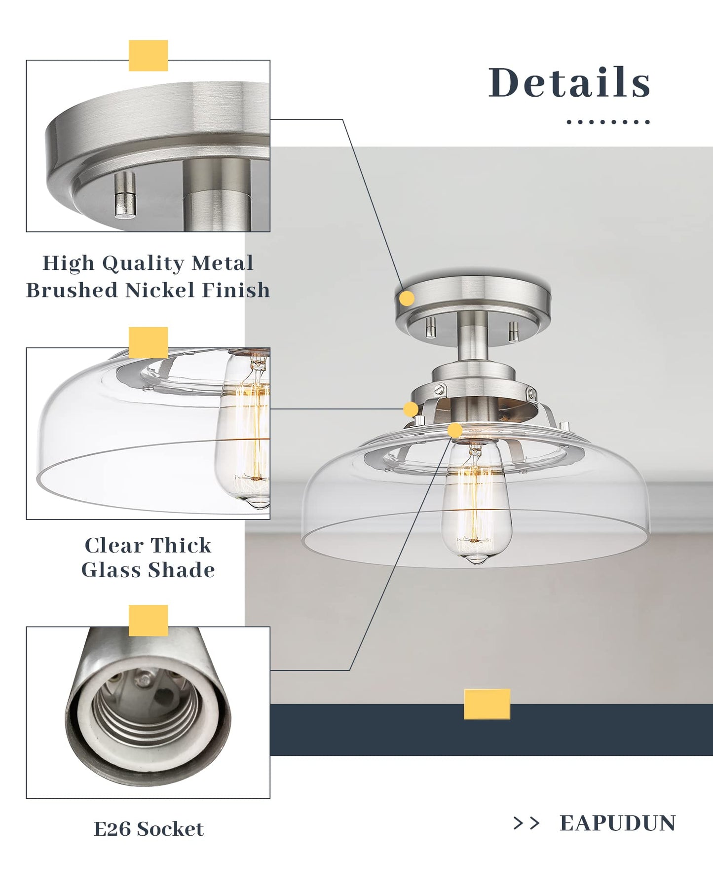 EAPUDUN Semi Flush Mount Ceiling Light, Farmhouse Close to Ceilight Lighting Fixture, Brushed Nickel Finish, Clear Glass Pendant Lamp Shade, SMA1307-BNK