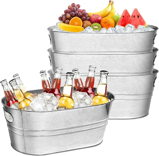 4 Pack Galvanized Tub Ice Bucket, 3 Gallon Large Metal Drink Buckets for Parties & Bars, Beer Beverage Tub with Carry Hand...