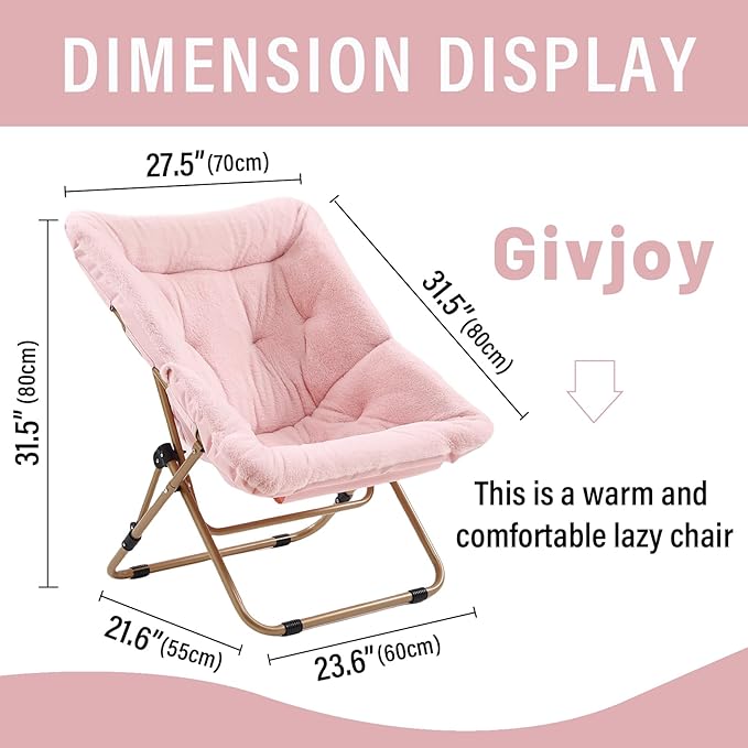 Givjoy Comfy Folded Chair, Soft Faux Fur Oversized Folding Chair, Flexible Lounge Lazy Chair for Kids Girls Teens Adults, Moon Chair for Dorm Rooms, Bedroom, Living Room