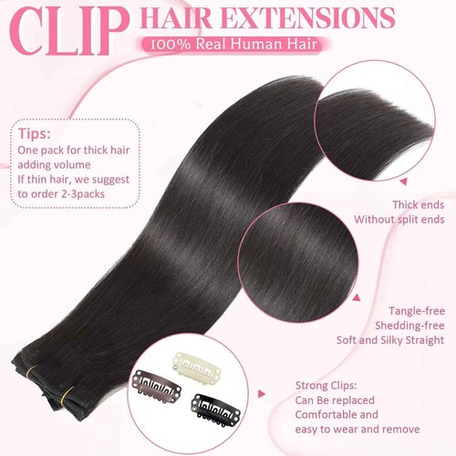 Tebelove Clip in Hair Extensions Real Human Hair 4.3oz/120g Clip ins 100% Brazilian Remy Human Hair Extension for Women 8pcs Per Set with 18 Clips Double Weft (24 Inch #1B Natural Black)