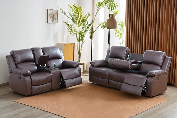 A Ainehome Living Room Furniture Set Leather Recliner Sofa Set Loveseat Chair Furniture Sofa Set for Living Room/Small Space/Rv/House/Office/Theater Seating (A-Brown Leather, Sofa+Loveseat)