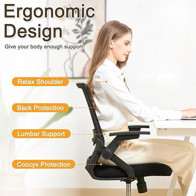Msdizuo Ergonomic Office Chair, High Back Desk Chair with Adjustable Height, Swivel Chair with Flip-Up Arms and Lumbar Support, Breathable Mesh Computer Chair for Home/Study/Working/Relaxing, (Black)