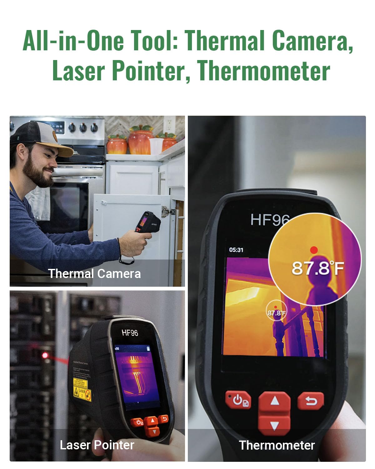 HF96 Thermal Camera with Laser Pointer, Intelligent Scene Detection, Super Resolution 240 x 240, -4°F~1022°F, Thermal Imaging Camera 96 x 96 IR Resolution, 25 HZ Infrared Camera, 11h Runtime