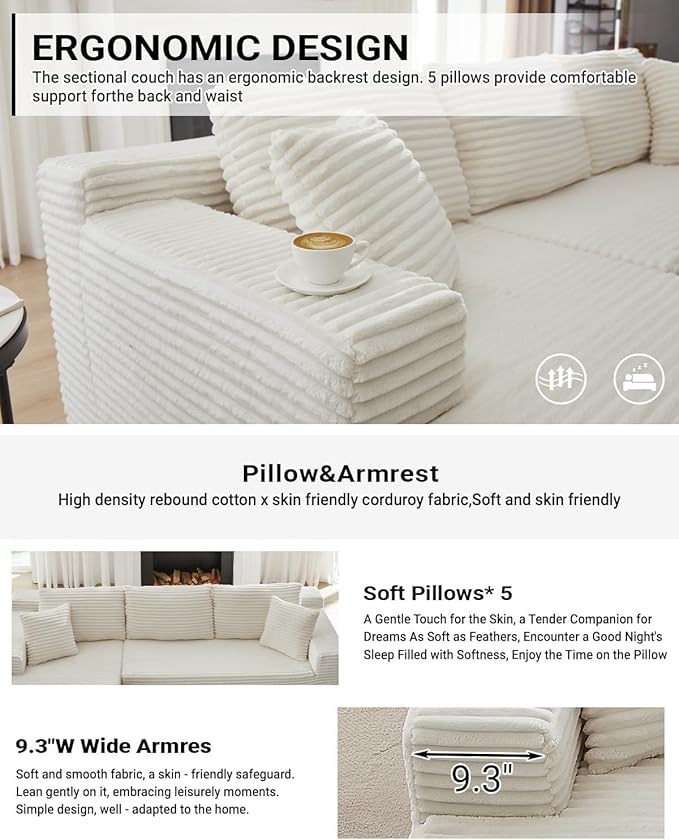 Vanress Cloud Couch Sectional, Corduroy Boneless Couch with L-Shape Chaise, Modern Modular Sectional Sofa Comfy Deep Seat for Living Room, Bedroom, No Assembly (White, Left Facing Chaise)