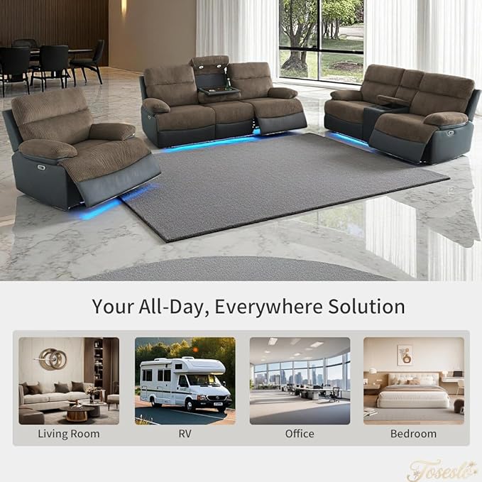 Toseslo Living Room Furniture Sets, Power Recliner Sofa Set, Leather Sofa and 2 Chairs Set, Modern Power Reclining Sets with Cup Holder/Storage Console for House, Brown Grey