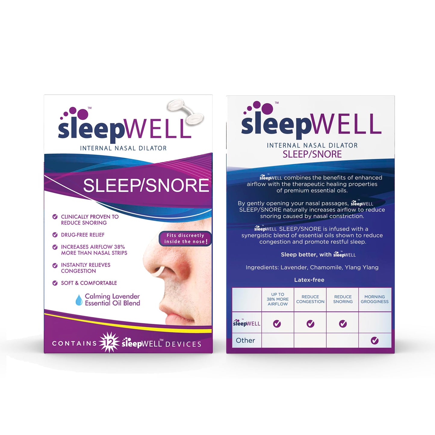 sleepWELL Snoring Solution, Internal Nasal Dilators for Increased Airflow & Easier Breathing, Snore Stopper for More Restful, Restorative Sleep, Soft & Comfortable, Latex Free & Drug Free, 12 Count