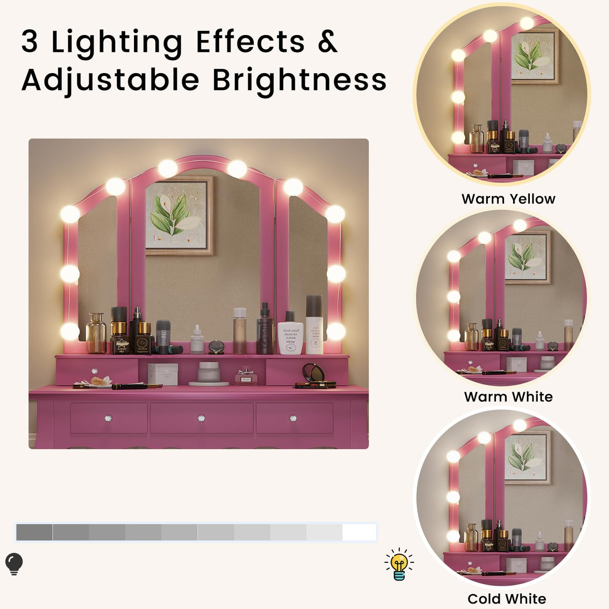 Tiptiper Pink Vanity with Tri-Fold Mirror, 10 Hollywood Lights & Stool, Girls Makeup Vanity Table with 5 Drawers & Jewelry Hooks, 3 Light Settings & Adjustable Brightness, Pink