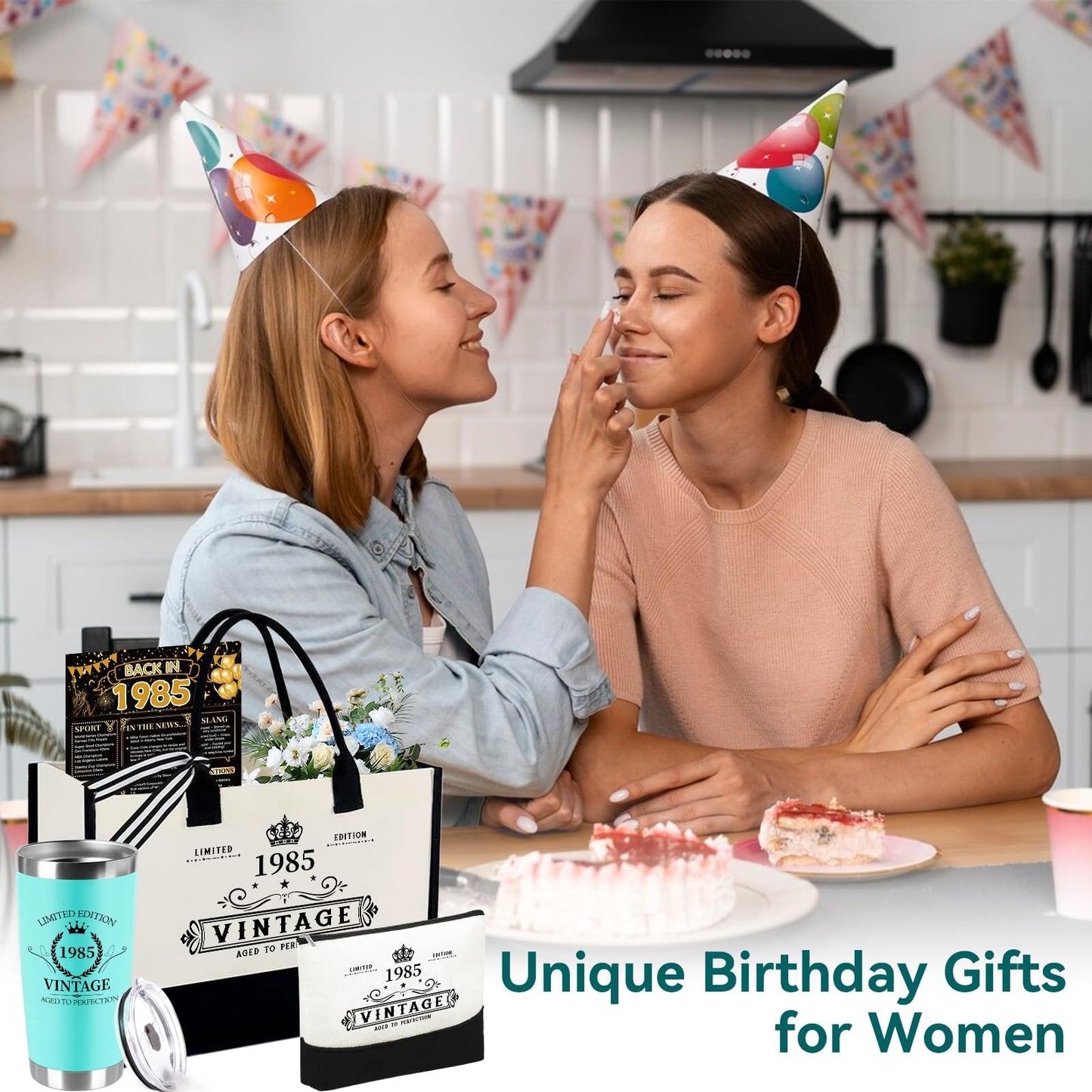TrophyToast 40th Birthday Gifts for Women Her- 4 pcs, Turning 40 Year Old Gifts, Birthday Decorations Canvas Beach Tote Bag & Makeup Bag, Unique Happy 40th Birthday Gifts for Her Mom Wife Friends