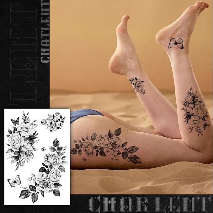 CHARLNET Large Flower Temporary Tattoos for Women - 33 Pcs Realistic Black Flower Rose Fake Tattoos for Women Body Art Arm Chest Legs Shoulder Abdomen