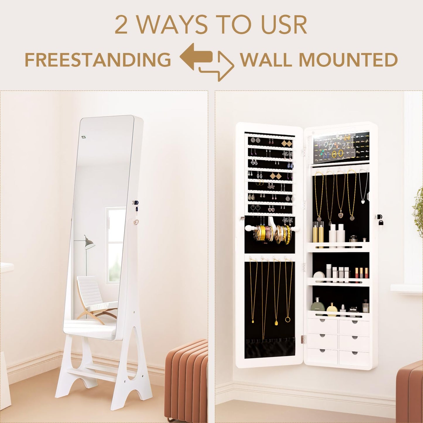 MASMIRE Mirror Jewelry Cabinet Standing, Full Length Mirror Jewelry Armoire Jewelry Organizer Lockable Jewelry Storage for Women Girl Full-Length Frameless LED Lights 6 Drawers Lockable White
