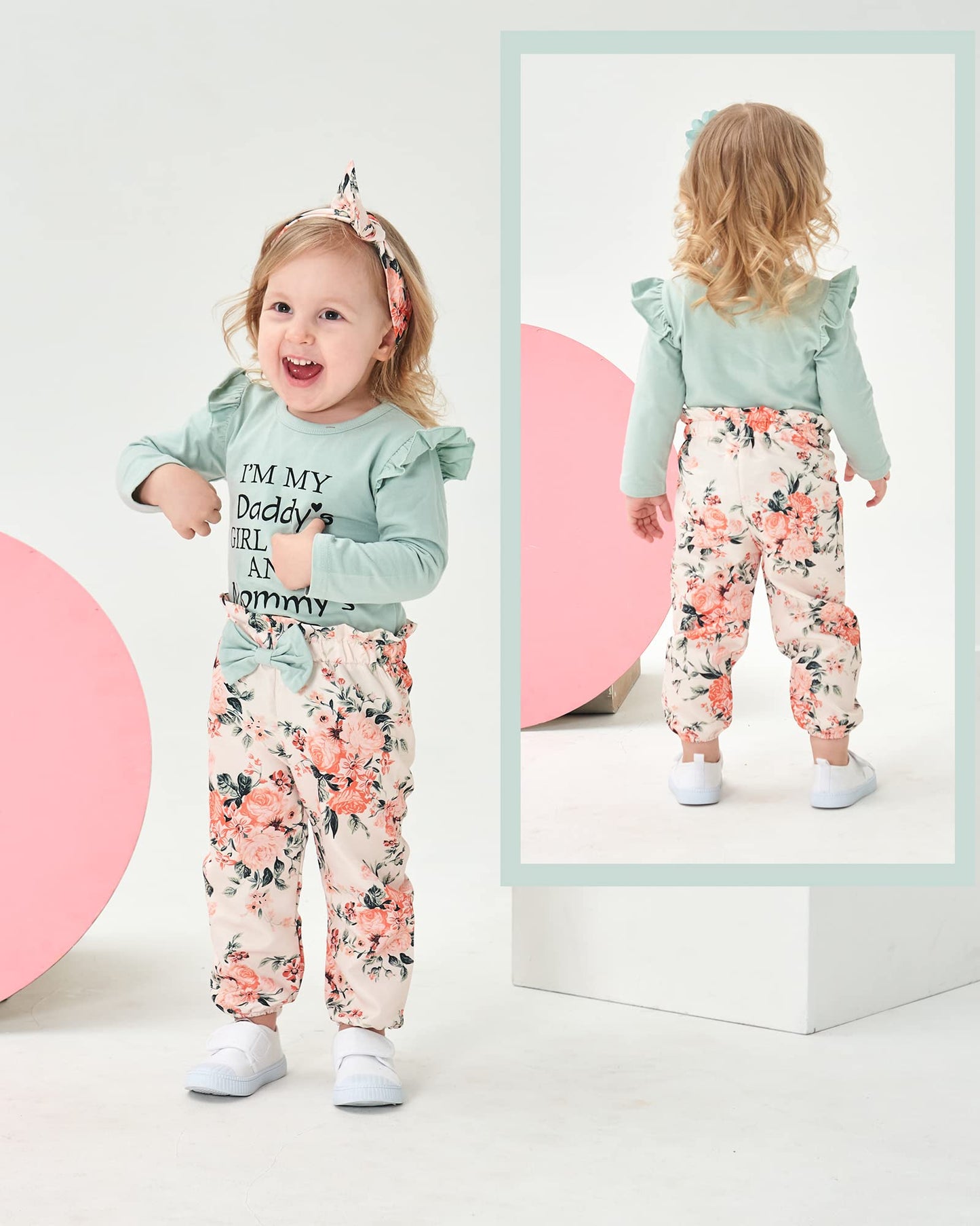SUNNY PIGGY Baby Girl Clothes Newborn Outfit Infant Winter Fall One Piece Set Letter Print Flower Pants Set Long Sleeve Romper Baby Girl's Clothing with Headband 3-6 Months Green 4PCS