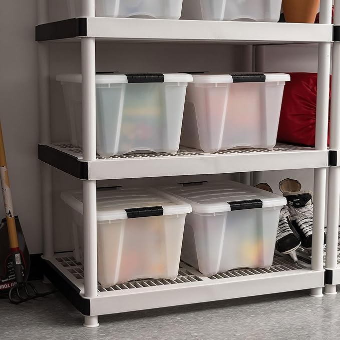 IRIS USA 32 Qt Stackable Plastic Storage Bins with Lids, 4 Pack - BPA-Free, Made in USA - Discreet Organizing Solution, Latches, Durable Nestable Containers, Secure Pull Handle - Pearl