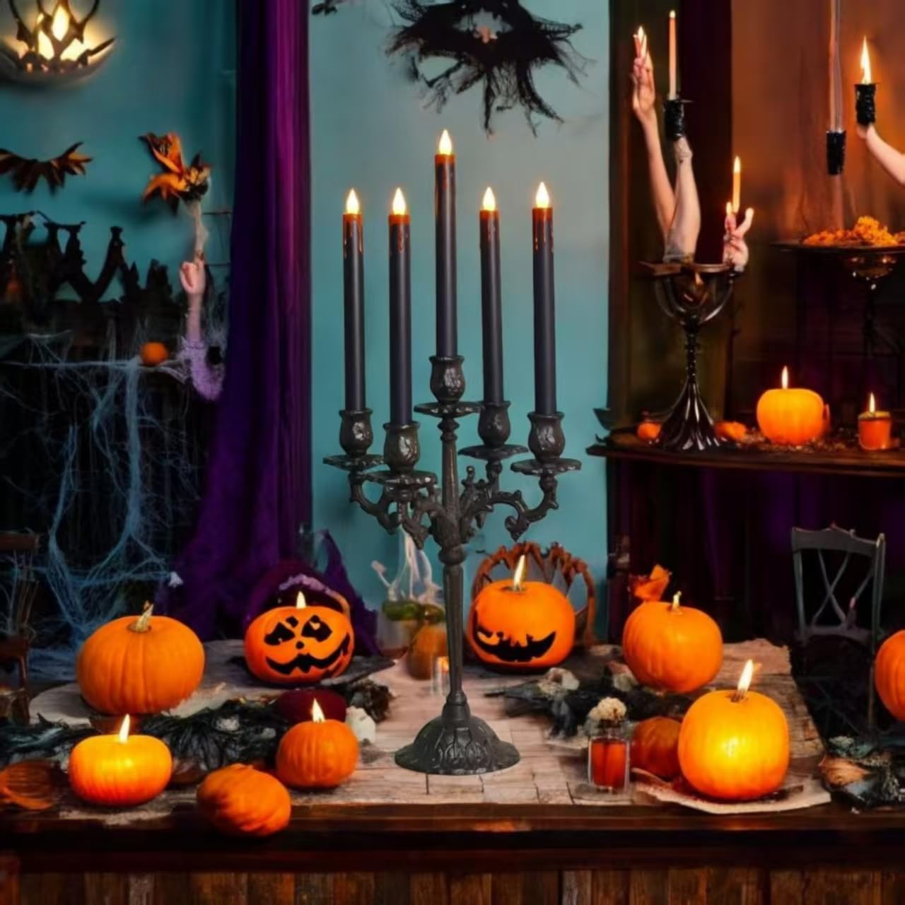 VICANBLE Halloween LED Flameless Taper Candles Black Red Drip with Remote Timer, 6 Pcs Candlesticks with 3D Flickering Flame for Home Fall Indoor Decorations(0.85 x 10.6 Inches)