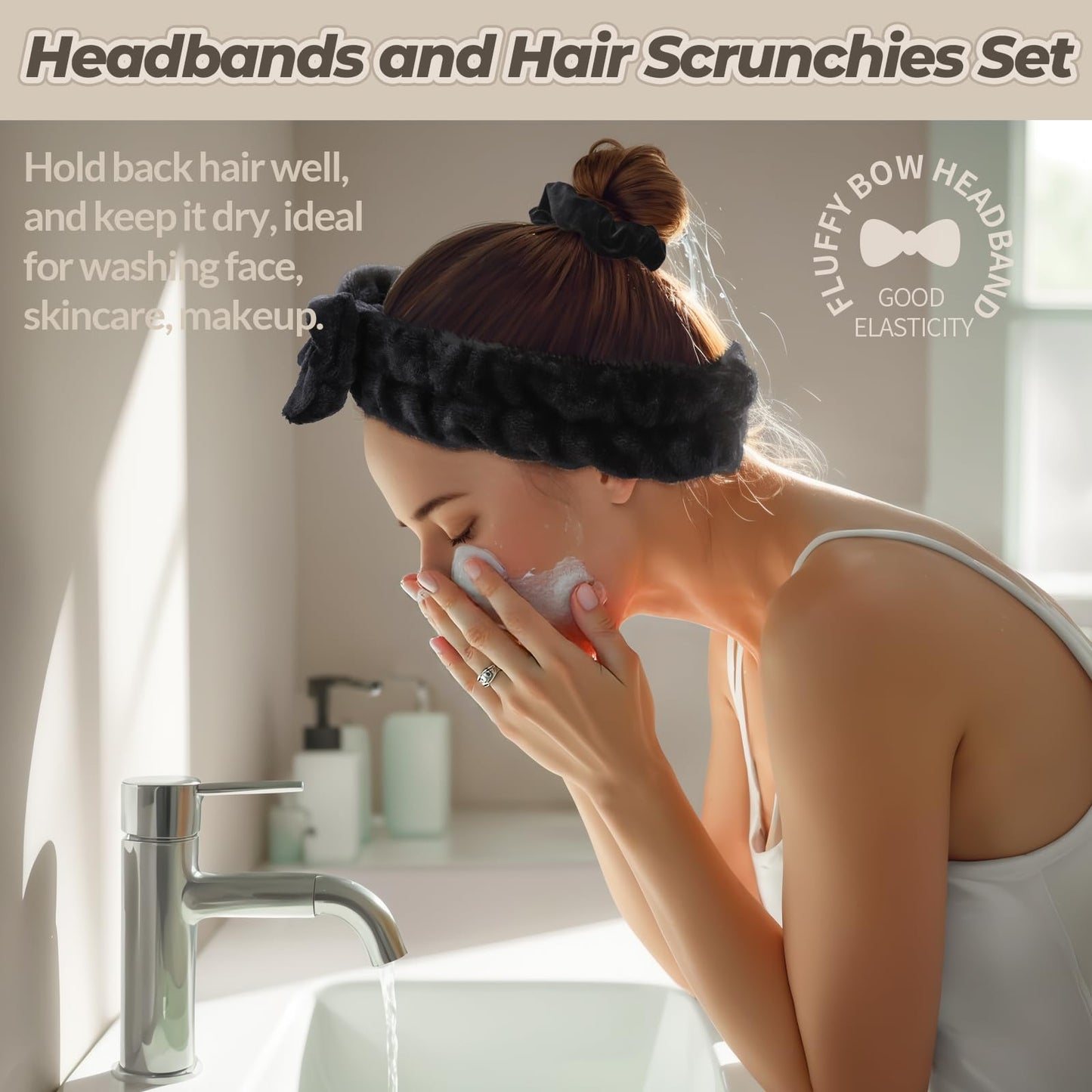LEOBRO Spa Headband for Skin Care and Makeup, Women Teen Girls Headband for Washing Face, with Hair Scrunchies, Black & White &