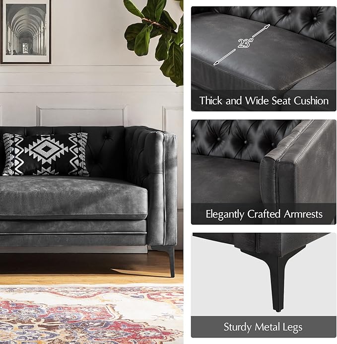 HULALA HOME 84" W Faux Leather Sofa Couch with Metal Legs, Button-Tufted 3-Seater Sofa, Mid Century Modern Contemporary Upholstered Couch for Living Room, Apartment, Charcoal